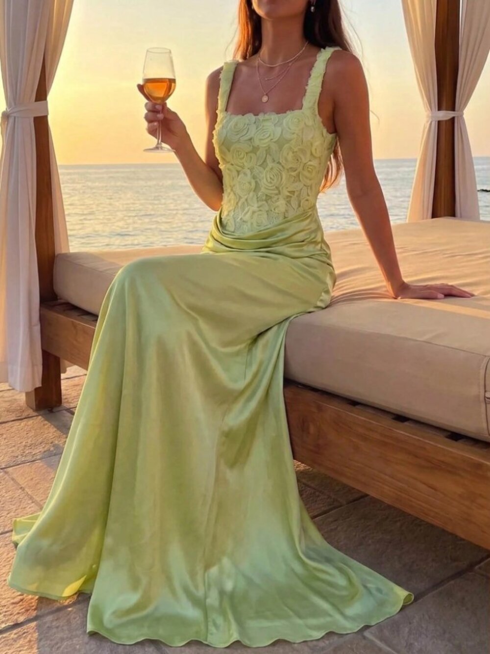 Green 3D Rose Applique Satin Maxi Gown